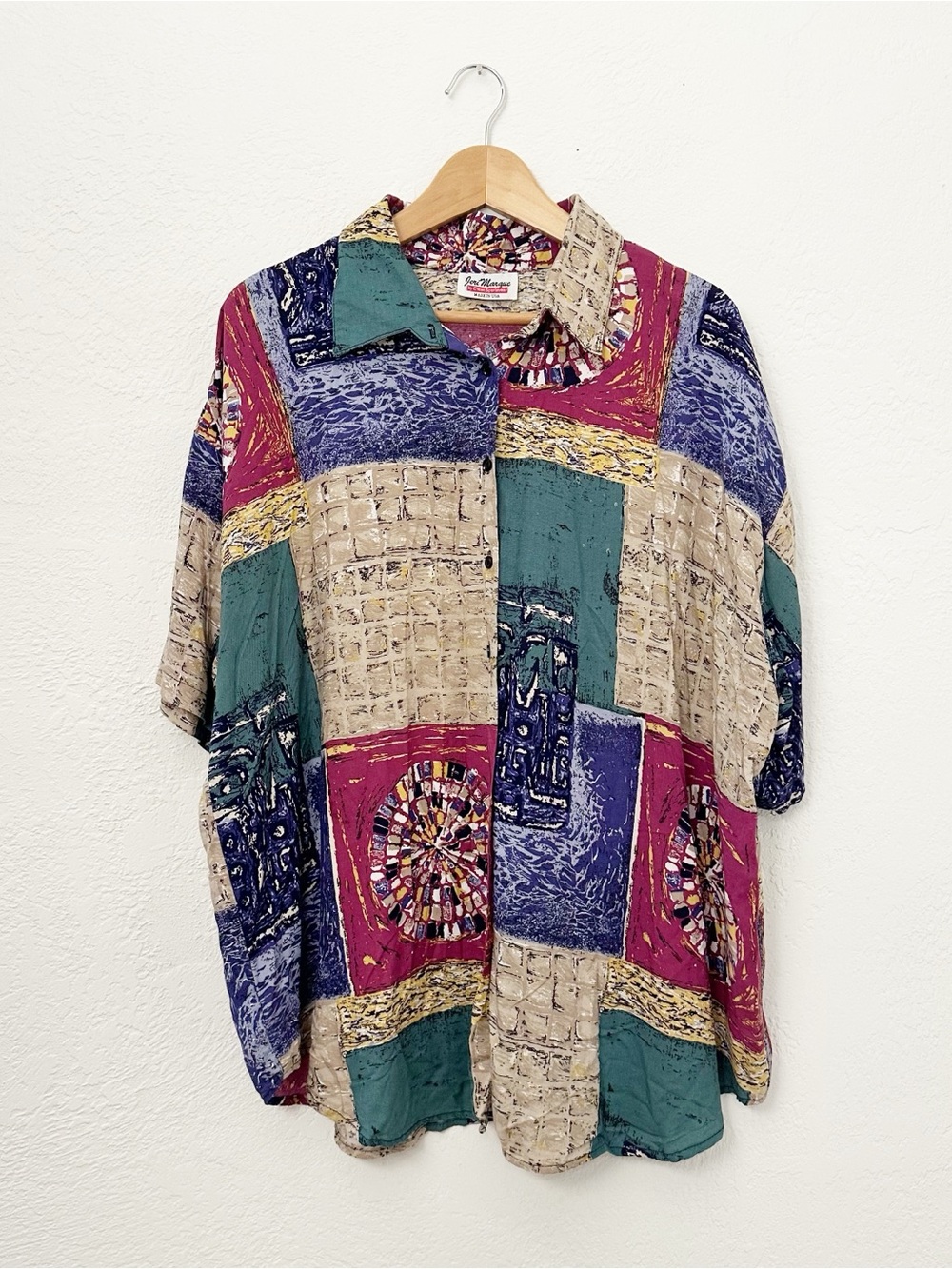 Vintage Jeri Marque Button Up Shirt Top Abstract Colorful Dopamine Rayon USA